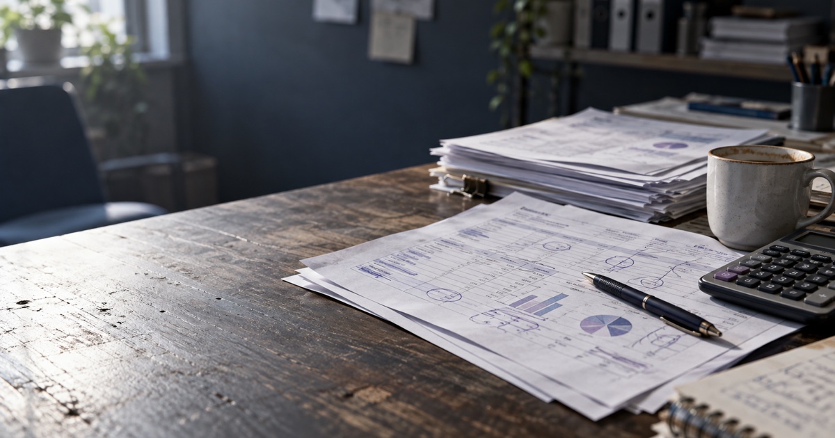 Un bureau de PME couvert de factures et de tableaux annotés au stylo, avec une calculatrice