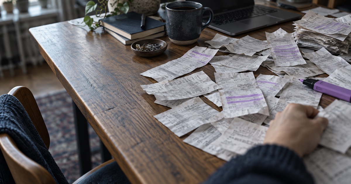Des dizaines de petits tickets de caisse étalés sur un bureau, certains surlignés