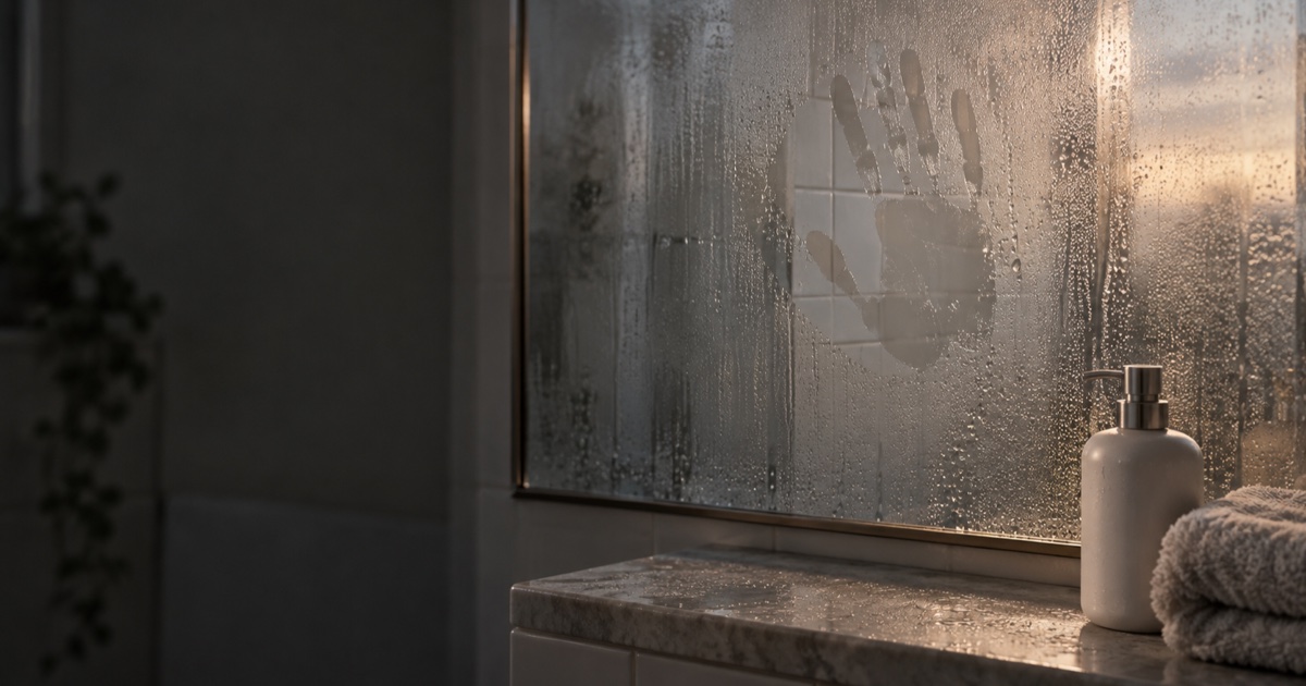 Miroir de salle de bain embué avec une trace de paume essuyée au centre