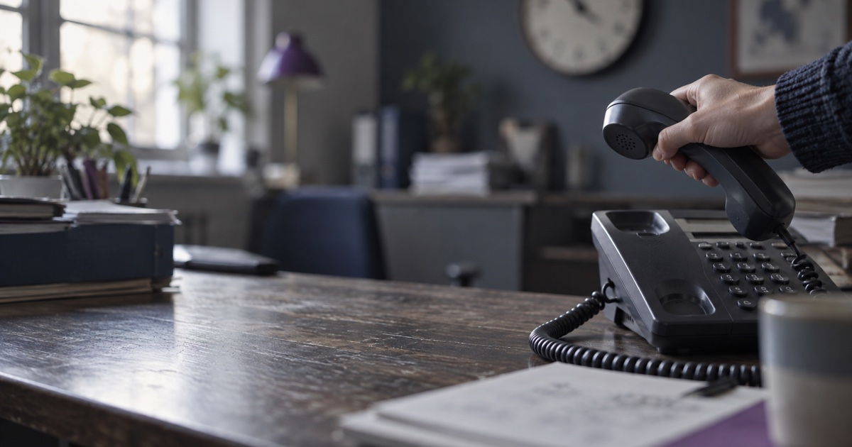 Un combiné de téléphone de bureau décroché, une horloge murale floue derrière