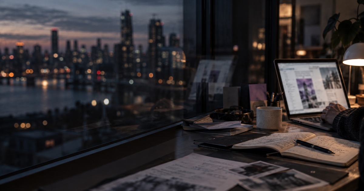 Le reflet d'un écran d'ordinateur dans la vitre sombre d'un bureau au crépuscule