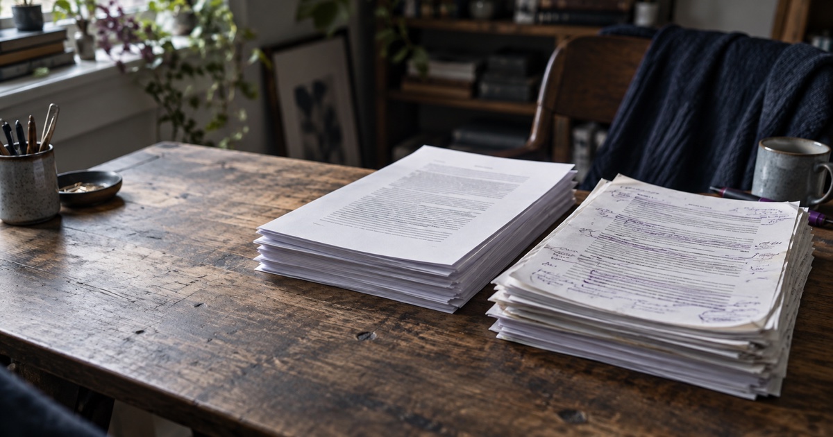 Deux piles de pages imprimées, l'une vierge, l'autre couverte de corrections au stylo
