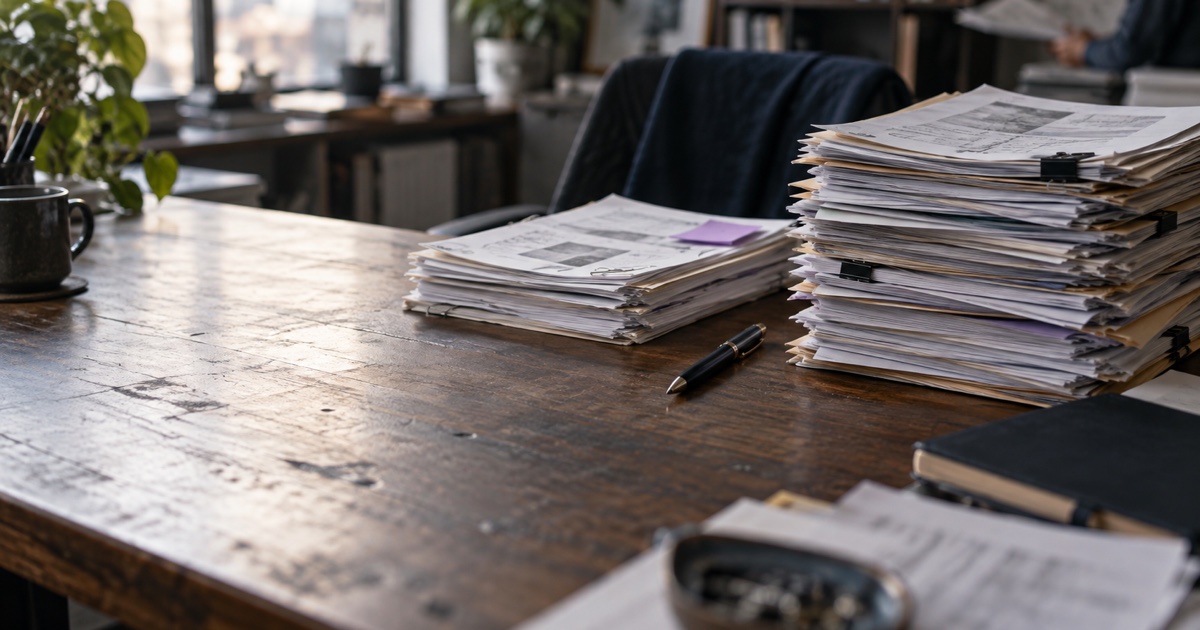 Deux piles de documents côte à côte sur un bureau, l'une nettement plus haute que l'autre