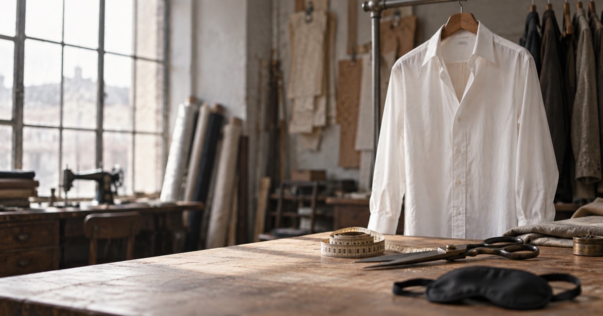 Chemise blanche sur un cintre dans un atelier de tailleur, avec un bandeau oculaire noir posé sur la table de coupe