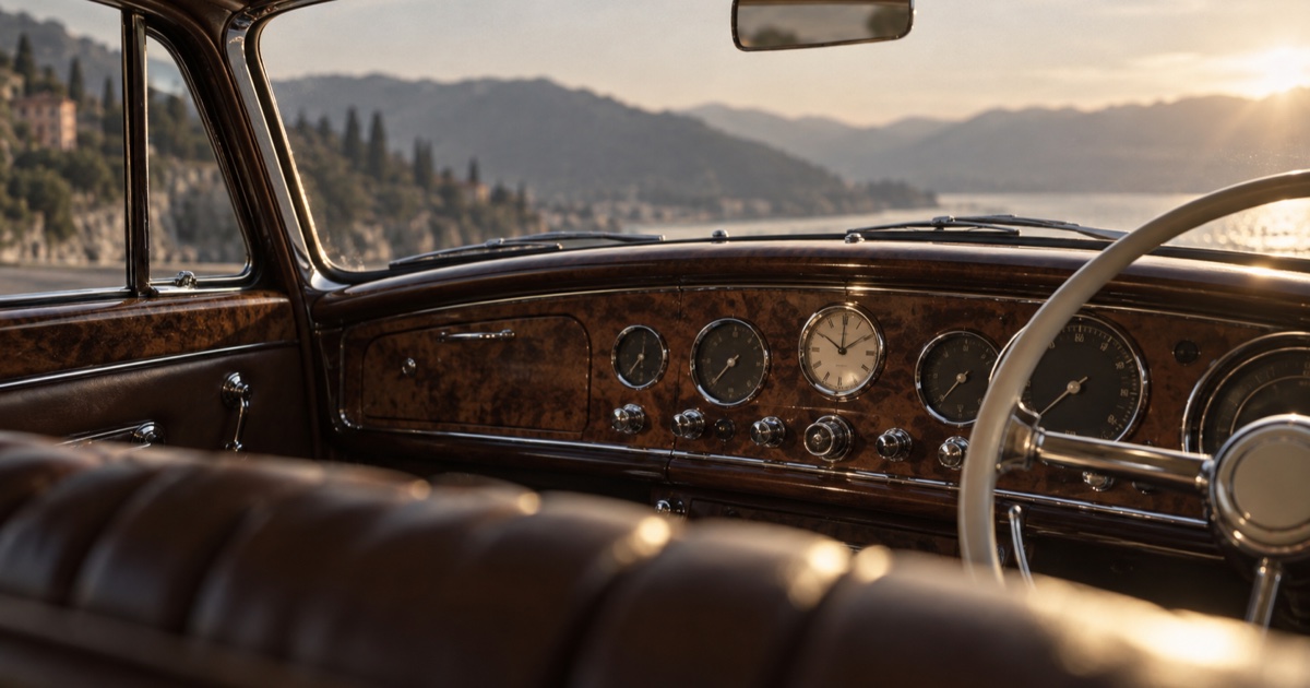 Tableau de bord en ronce de noyer d'une automobile de luxe de la fin des années 1950, avec une petite horloge analogique au centre