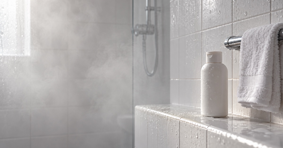 Salle de bain carrelée de blanc avec de la vapeur, une serviette pliée et un flacon sans étiquette