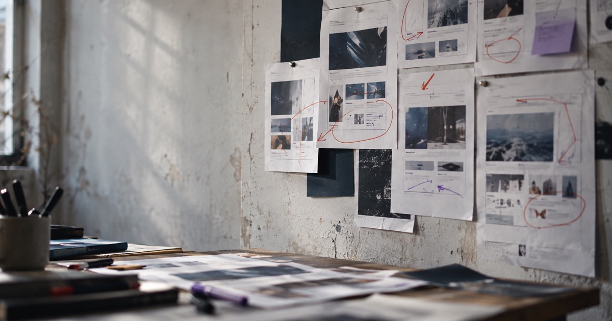 Des maquettes de pages imprimées punaisées à un mur, annotées au stylo