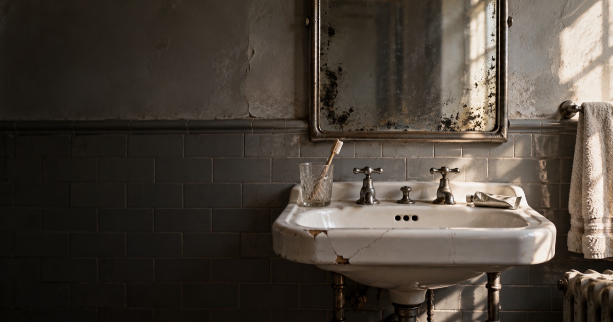 Lavabo en porcelaine et miroir piqué d'une salle de bain américaine des années 1920, avec une brosse à dents et un tube sans marque