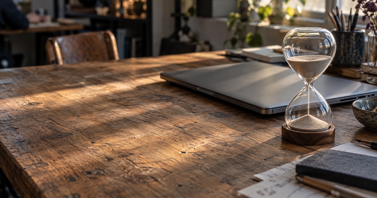 Un sablier posé à côté d'un ordinateur portable fermé sur un bureau en bois