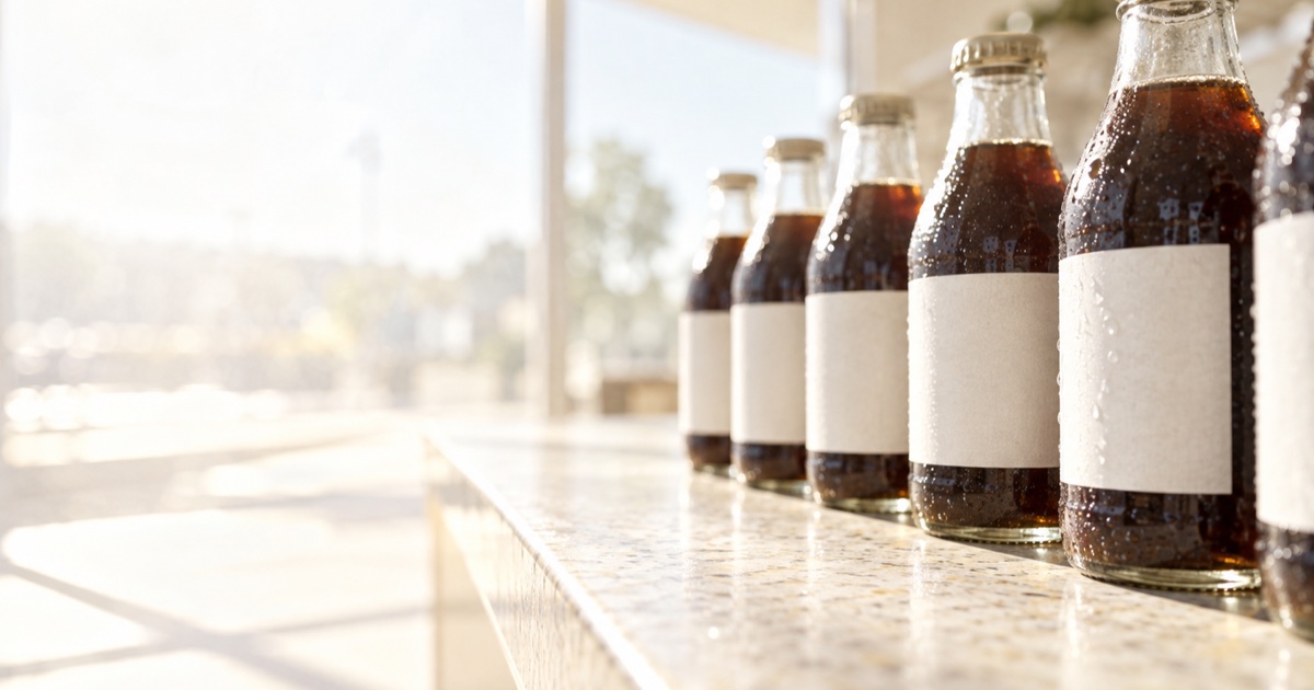 Rangée de bouteilles en verre couvertes de condensation sur un comptoir, avec des étiquettes blanches vierges