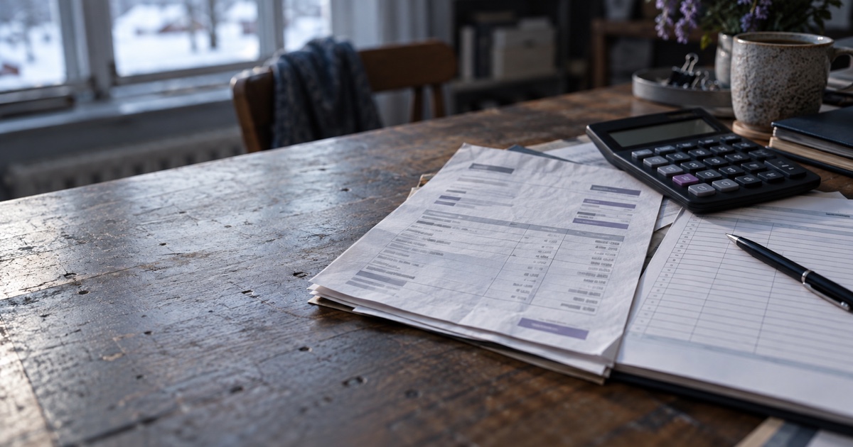 Une facture d'un fournisseur étranger posée près d'un formulaire fiscal vierge et d'une calculatrice